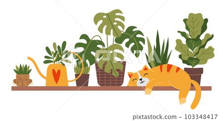A cute cat is sleeping on a shelf next to houseplants, cartoon style. Potted plants for interior. Urban Cozy home gardening hobby. Trendy modern isolated vector illustration, hand drawn, flat 103348417