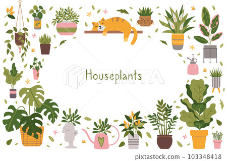 Frame with trendy potted plants, cartoon style. Indoor houseplants for interior and cute cat. Urban Cozy home gardening hobby set. Modern isolated vector illustration, hand drawn, flat 103348418