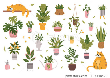 Set with trendy potted plants, cartoon style. Indoor houseplants for interior and cute cat. Urban Cozy home gardening hobby. Modern isolated vector illustration, hand drawn, flat 103348420