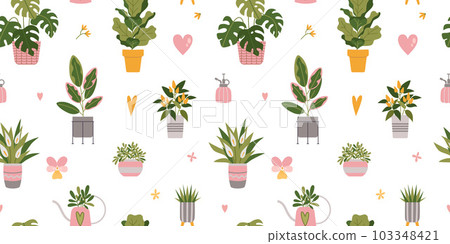 Seamless pattern with trendy potted plants, cartoon style. Indoor houseplants for interior. Urban Cozy home gardening hobby. Modern isolated vector illustration, hand drawn, flat 103348421