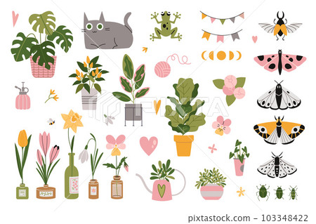 Set with cute natural, plant elements, cartoon style. Houseplants, bottled flowers, decorations and butterflies. Urban Cozy home. Trendy modern isolated vector illustration, hand drawn, flat 103348422