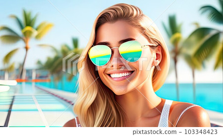 Portrait of smiling young woman in sunglasses, sea and palm trees in the background. Generative AI 103348423