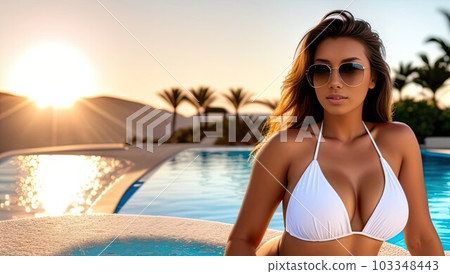 Beautiful brunette young woman in sunglasses and white bra, pool, palm trees in the background Beautiful brunette young woman in sunglasses and white bra, pool, palm trees in the background 103348443