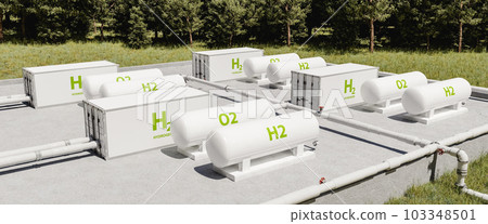 Hydrogen tanks in facility. 3D render. 103348501