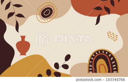 Aesthetic background. Boho background. Background with rainbow, sun, leaves, vase, dots and geometric shapes in boho and aesthetic style. Vector Illustration. Aesthetic background. Boho background. Background with rainbow, sun, leaves, vase, dots and geometric shapes in boho and aesthetic style. Vector Illustration. 103348766