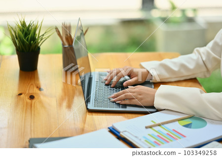 Side view of businesswoman hands typing on laptop, working with financial graphs charts online at desk Side view of businesswoman hands typing on laptop, working with financial graphs charts online at desk 103349258