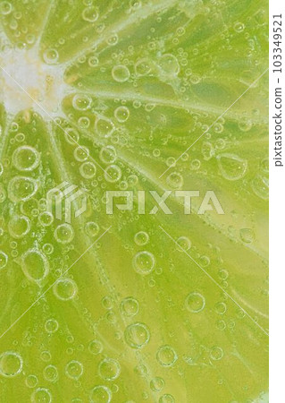 Close-up of a lime slice in liquid with bubbles. Slice of ripe lime in water. Close-up of fresh lime slice covered by bubbles. Macro vertical image. Close-up of a lime slice in liquid with bubbles. Slice of ripe lime in water. Close-up of fresh lime slice covered by bubbles. Macro vertical image. 103349521