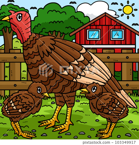 Mother Turkey and Baby Turkey Colored Cartoon  103349917