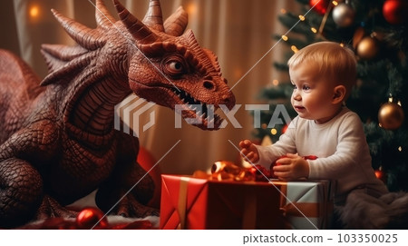 The dragon is a symbol of the new year according to the eastern calendar and a small child is together near the New Year tree with Christmas gifts and lights. AI generated. 103350025