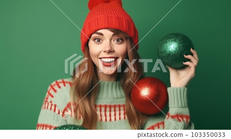 Portrait of a young, beautiful girl in a Santa Claus hat on a green background. New Year's and Christmas. AI generated Portrait of a young, beautiful girl in a Santa Claus hat on a green background. New Year's and Christmas. AI generated 103350033