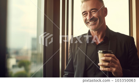Happy middle aged businessman in the office drinking coffee near the window and smiling. AI generated. Happy middle aged businessman in the office drinking coffee near the window and smiling. AI generated. 103350063