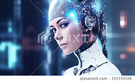 Humanoid cyber girl in virtual digital technologies in neon light, futuristic robot in 3d render. The concept of coexistence of people and robots. Generative AI. Humanoid cyber girl in virtual digital technologies in neon light, futuristic robot in 3d render. The concept of coexistence of people and robots. Generative AI. 103350106