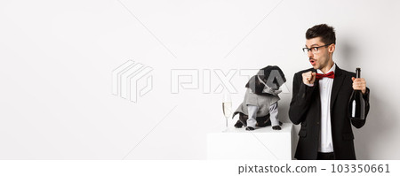 Pets, winter holidays and New Year concept. Happy young man celebrating Christmas with cute black dog wearing party costume, puppy looking at owner, white background 103350661