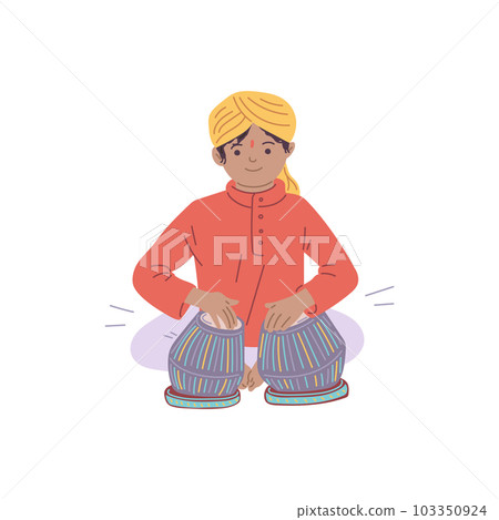 Cute Indian kid boy in traditional headdress playing tabla flat style 103350924