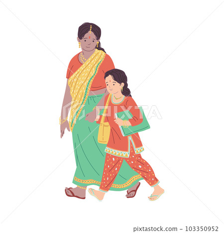 Indian mother and daughter in sari, flat vector illustration isolated. 103350952