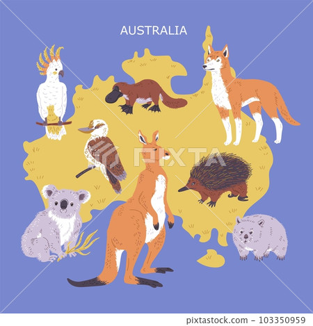 Map of Australia and Australian animals, flat vector illustration. Map of Australia and Australian animals, flat vector illustration. 103350959