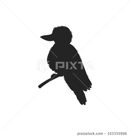 Black silhouette of kookaburra Australian bird sitting on branch flat style 103350986