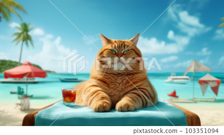 A red striped cat lies on a sun lounger on the shores of the turquoise sea with white sand. Concept travel and vacation. AI generated. A red striped cat lies on a sun lounger on the shores of the turquoise sea with white sand. Concept travel and vacation. AI generated. 103351094