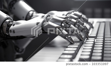 The robot types text on the keyboard and works on the computer. AI generated. The robot types text on the keyboard and works on the computer. AI generated. 103351097