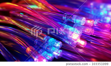 Wires from modern technology are bright and with neon light. Glowing, colorful background. AI generated. Wires from modern technology are bright and with neon light. Glowing, colorful background. AI generated. 103351099