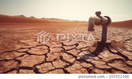 A faucet from which a drop of water drips onto the soil cracked by drought. The concept of abnormal heat and drought on the planet earth. AI generated. 103351100