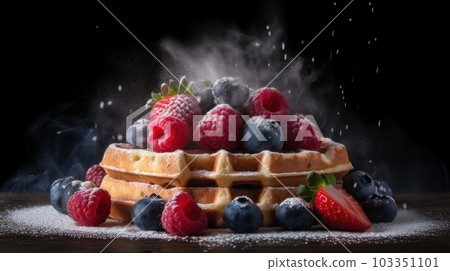 Waffles for breakfast with raspberries and blueberries on a dark background. AI generated. Waffles for breakfast with raspberries and blueberries on a dark background. AI generated. 103351101