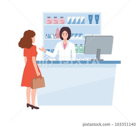Woman in red dress consults with pharmacist flat style Woman in red dress consults with pharmacist flat style 103351140