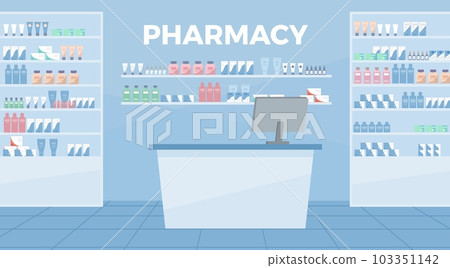 Blue pharmacy interior flat style, vector... - Stock Illustration ...