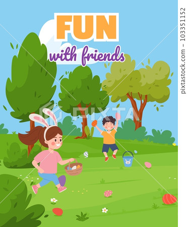 Vector banner, illustration of boy and girl with bunny ears enjoy hunting and picking up Easter eggs on the spring lawn, have fun Vector banner, illustration of boy and girl with bunny ears enjoy hunting and picking up Easter eggs on the spring lawn, have fun 103351152