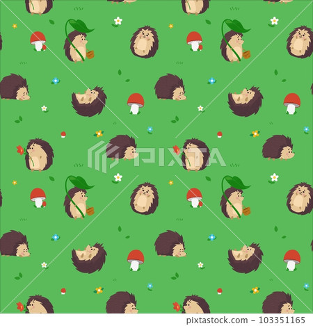 Vector seamless pattern with funny hedgehog with basket on green background with mushrooms, flowers and leaves 103351165