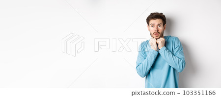 Image of scared young man trembling from fear, holding hands near face and staring at camera startled, standing over white background Image of scared young man trembling from fear, holding hands near face and staring at camera startled, standing over white background 103351166