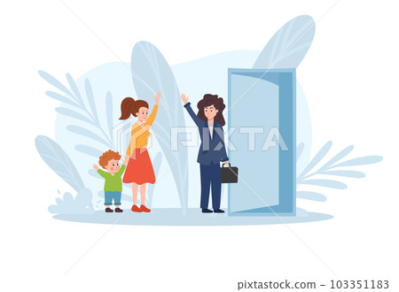 Woman goes to work and says goodbye to her son and nanny, flat vector illustration isolated on white background. 103351183