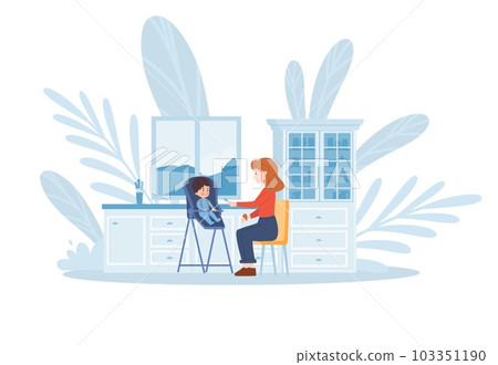 Nanny feeding baby in high chair, childcare concept - flat vector illustration isolated on white background. 103351190