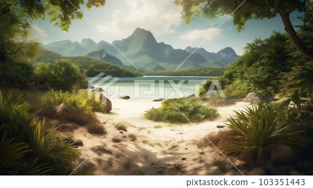 Abstract background with jungle frame, white sand beach in foreground and mountains. AI generated. 103351443