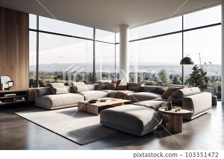 Spacious living room in luxury villa with sunlight. AI generated 103351472