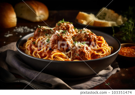 Bowl of Spaghetti and Meatballs - Delicious Italian Pasta Dish. AI generated 103351474