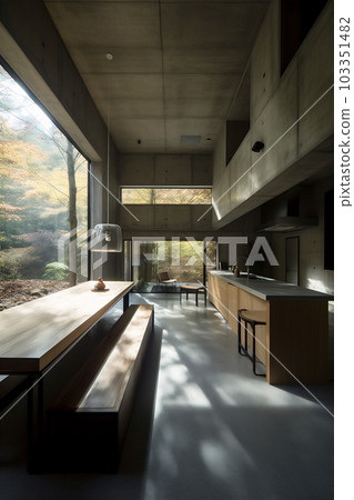 Modern Japanese concrete house in the serene woods. AI generated 103351482