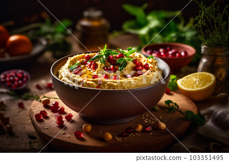 Homemade Hummus with Fresh Herbs and Pita Bread. AI generated 103351495