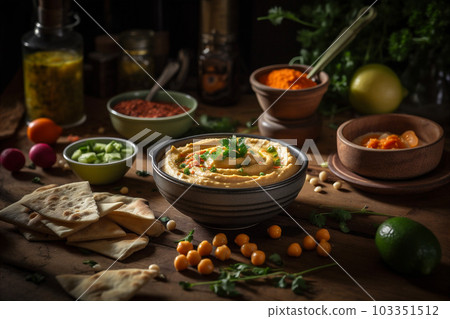 Homemade Hummus with Fresh Herbs and Pita Bread. AI generated 103351512