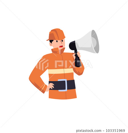 Fireman in orange uniform with helmet announced evacuation through loudspeaker flat style 103351969