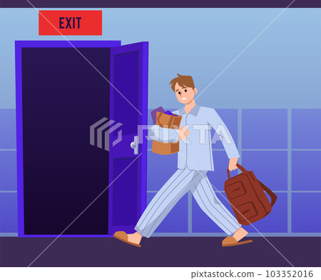 Man moving to exit urgently evacuating on alarm, flat vector illustration. 103352016