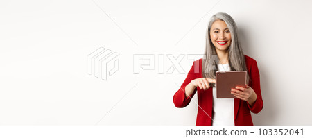 Business. Smiling senior businesswoman using digital tablet, pointing finger at screen, standing over white background 103352041