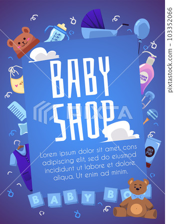 Baby shop advertising poster with cute supplies for baby boy, flat vector illustration. 103352066
