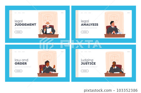 Judges In Court Landing Page Template Set. Legal Authorities Who Interpret Laws, Administer Justice, Make Decisions 103352386