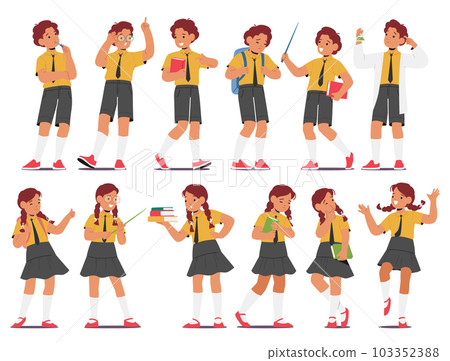 Schoolkid Character Different Poses and Expressions. Boys and Girls Rejoice, Show Thumb Up, Carry Books, Happy or Upset 103352388