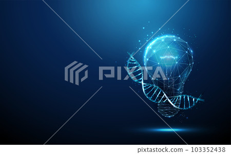 Abstract blue glowing light bulb and DNA helix swirling around it. 103352438
