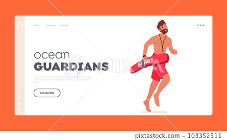 Ocean Guardians Landing Page Template. Lifeguard Male Character Sprints To Aid In Rescue Demonstrating Swift Action Ocean Guardians Landing Page Template. Lifeguard Male Character Sprints To Aid In Rescue Demonstrating Swift Action 103352511