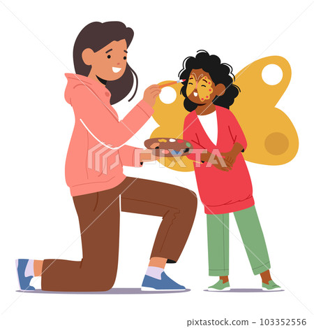 Woman Animator Skillfully Painting A Child Face, Creating Smiles And Transforming Them Into Magical Butterfly Character 103352556