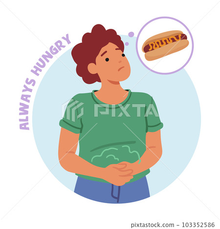 Female Character Feel Constant Hunger Is Common Symptom Of Diabetes. Cartoon Vector Illustration Female Character Feel Constant Hunger Is Common Symptom Of Diabetes. Cartoon Vector Illustration 103352586