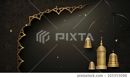 Arabic Islamic Arch dark and Golden Luxury Ornamental Background with Islamic Pattern Frame. ai generative. 103353098